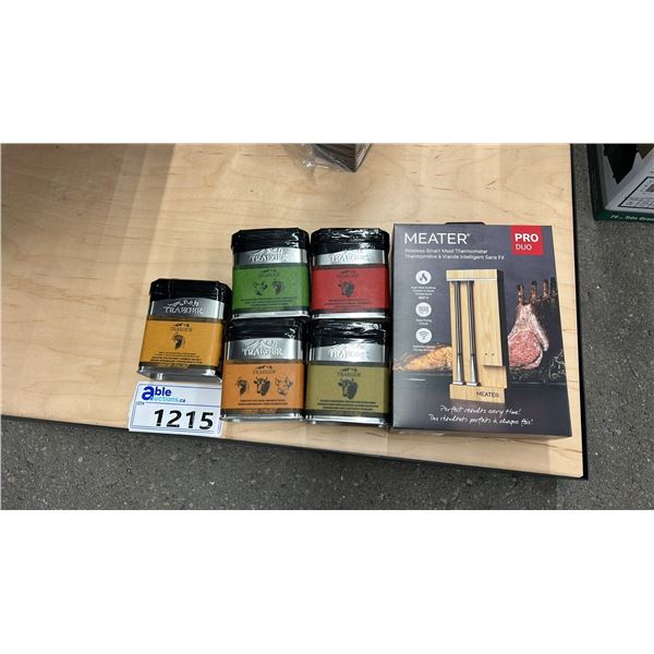 GROUP LOT OF TRAEGER ACCESSORIES.  MEATER PRO DUO AND 5 ASST RUBS. APPROX VALUE = $290.00.