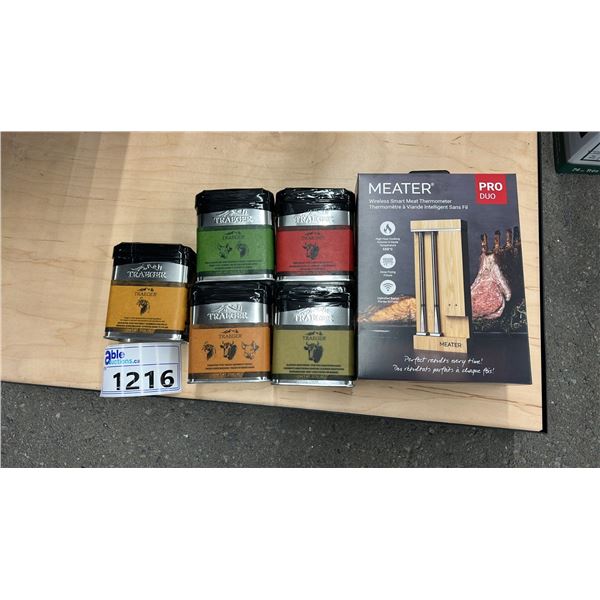 GROUP LOT OF TRAEGER ACCESSORIES.  MEATER PRO DUO AND 5 ASST RUBS. APPROX VALUE = $290.00.