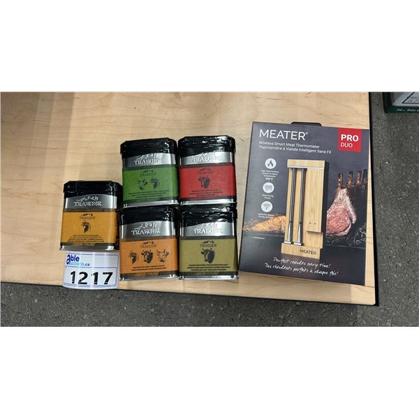GROUP LOT OF TRAEGER ACCESSORIES.  MEATER PRO DUO AND 5 ASST RUBS. APPROX VALUE = $290.00.