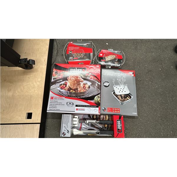 GROUP LOT OF WEBER ACCESSORIES.  POULTRY ROASTER, FIRE SPICE KIT, TOOL SET, MEATBALL RACK AND