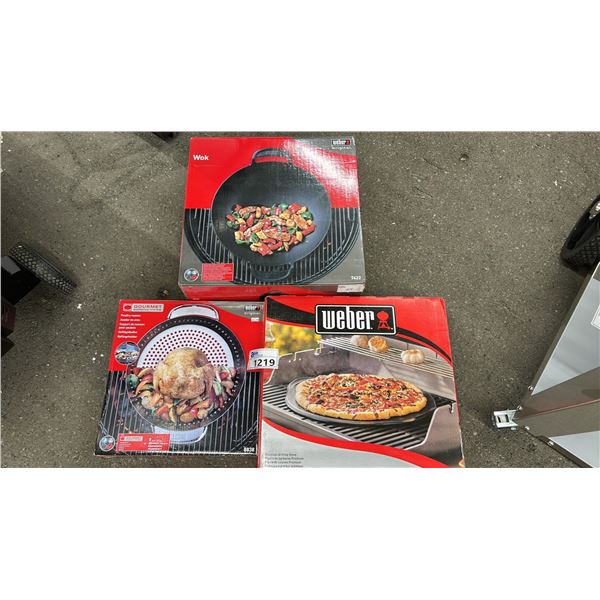 GROUP LOT OF WEBER ACCESSORIES.  POULTRY ROASTER, GRILLING STONE AND WOK. APPROX VALUE - $360.00.
