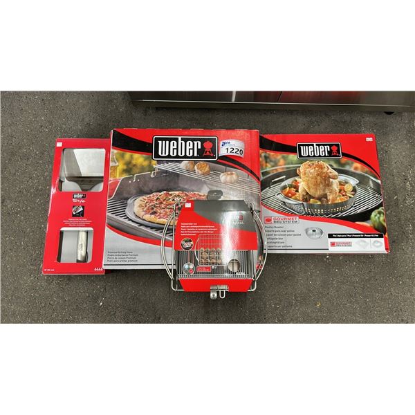 GROUP LOT OF WEBER ACCESSORIES. POULTRY ROASTER, GRILLING STONE, FISH TURNER AND MEATBALL RACK.