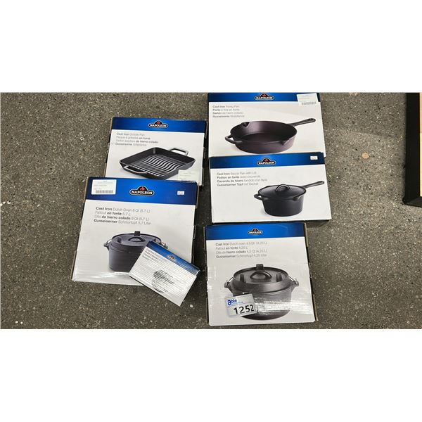 GROUP LOT OF NAPOLEON ACCESSORIES.  6 QT DUTCH OVEN, 4.5 QT DUTCH OVEN, FRY PAN, GRIDDLE PAN, SAUCE