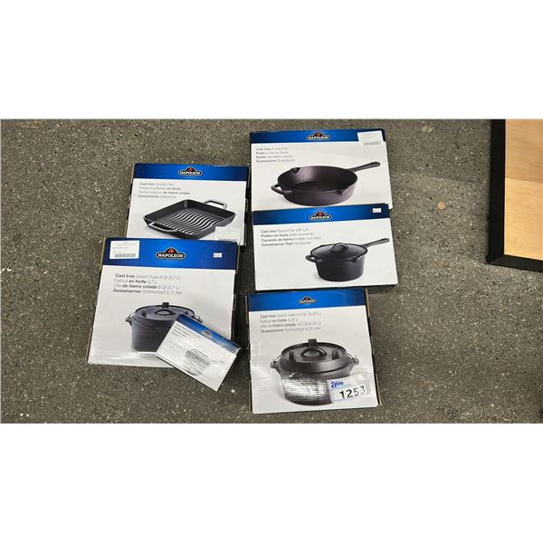 GROUP LOT OF NAPOLEON ACCESSORIES.  6 QT DUTCH OVEN, 4.5 QT DUTCH OVEN, FRY PAN, GRIDDLE PAN, SAUCE