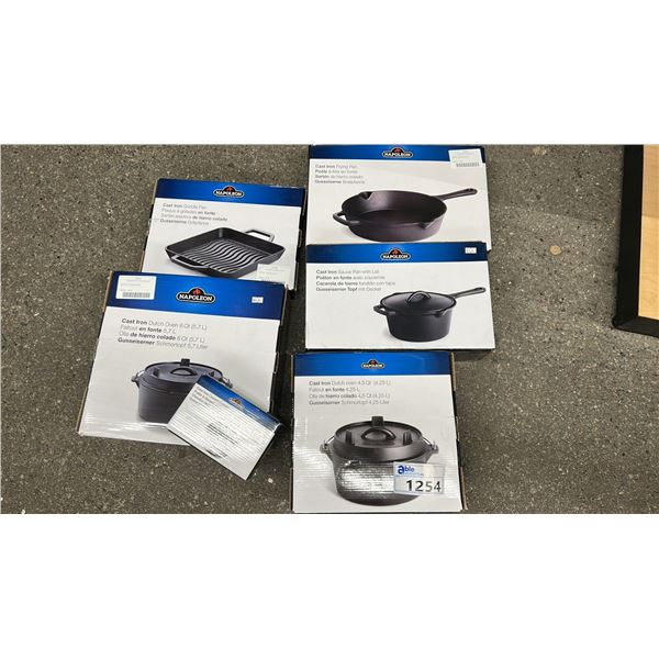 GROUP LOT OF NAPOLEON ACCESSORIES.  6 QT DUTCH OVEN, 4.5 QT DUTCH OVEN, FRY PAN, GRIDDLE PAN, SAUCE