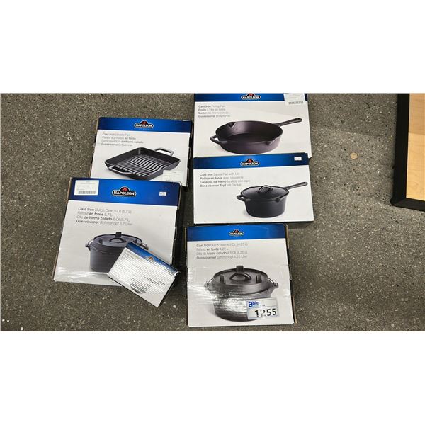 GROUP LOT OF NAPOLEON ACCESSORIES.  6 QT DUTCH OVEN, 4.5 QT DUTCH OVEN, FRY PAN, GRIDDLE PAN, SAUCE