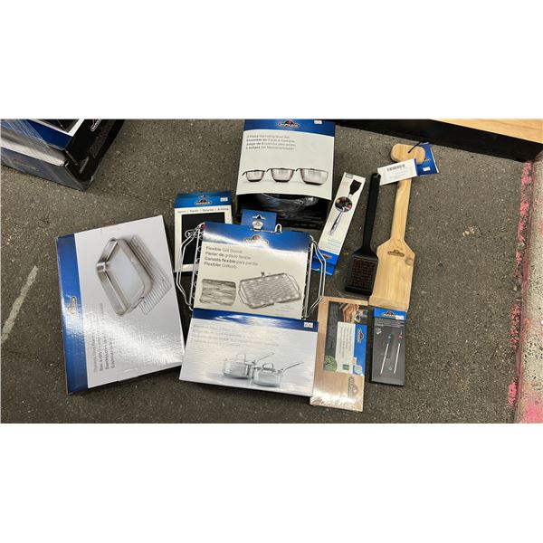 GROUP LOT OF NAPOLEON ACCESSORIES.  ROASTING PAN, BOWL SET, BRUSH, SAUCEPAN, THERMOMETER, APRON,