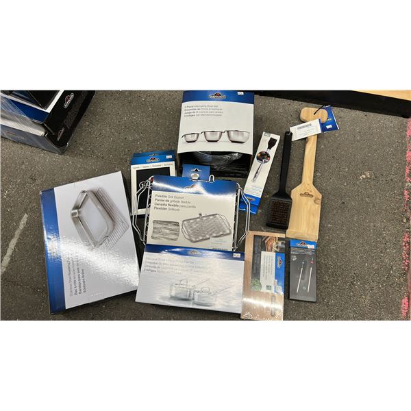 GROUP LOT OF NAPOLEON ACCESSORIES.  ROASTING PAN, BOWL SET, BRUSH, SAUCEPAN, THERMOMETER, APRON,