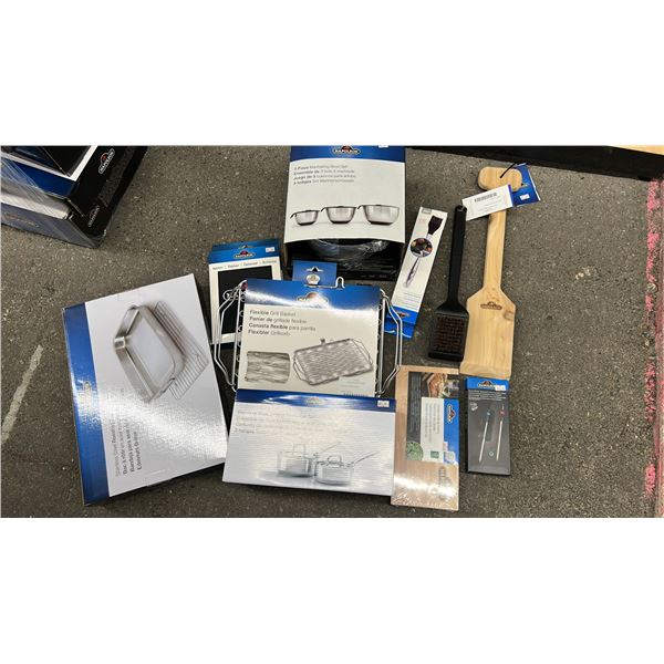 GROUP LOT OF NAPOLEON ACCESSORIES.  ROASTING PAN, BOWL SET, BRUSH, SAUCEPAN, THERMOMETER, APRON,