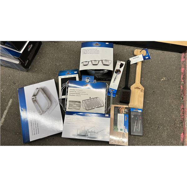 GROUP LOT OF NAPOLEON ACCESSORIES.  ROASTING PAN, BOWL SET, BRUSH, SAUCEPAN, THERMOMETER, APRON,