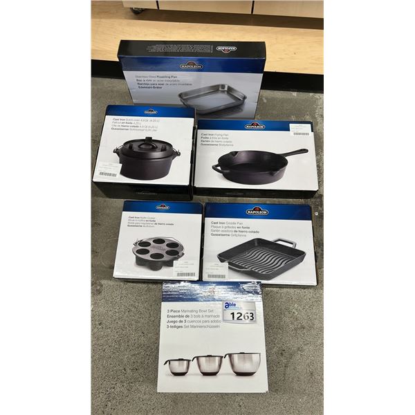 GROUP LOT OF NAPOLEON ACCESSORIES.  FRY PAN, GRIDDLE, BOWL SET, ROASTING PAN, 4.5 QT DUTCH OVEN AND