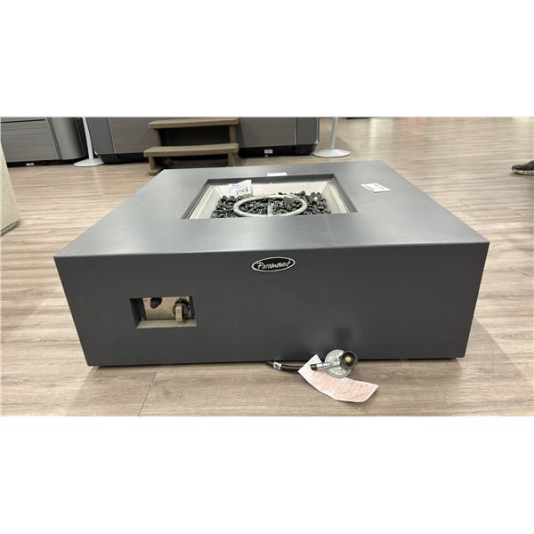 PARAMOUNT ALUMINUM CONCRETE LOOK FIREPLACE.  PROPANE. 38" SQUARE. 13" HIGH.