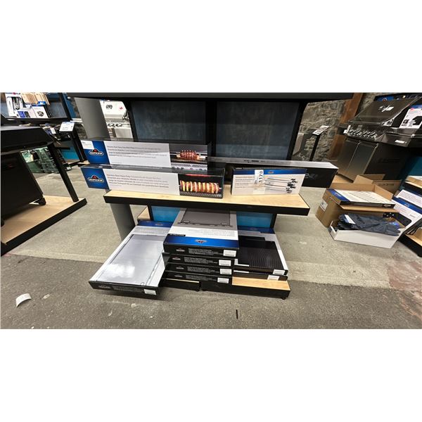 NAPOLEON STORE DISPLAY STAND WITH CONTENTS. 4 ROTISSERIE KITS, 5 STAINLESS GRIDDLES.