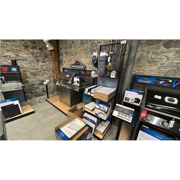 NAPOLEON STORE DISPLAY WITH PILES OF PRODUCTS. SMOKER GRILLS, SMOKER BOXES, STAINLESS GRILLS