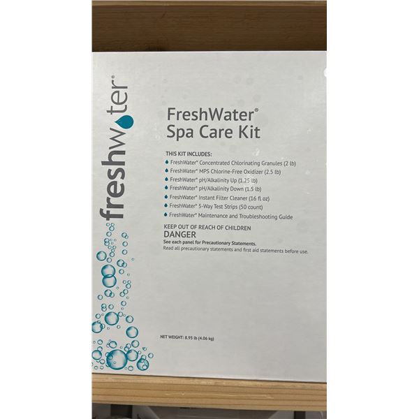 FRESHWATER SPA CARE KIT. INCLUDES CONCENTRATE CHLOINATING GRANULES, CHLORINE FREE OXIDIZER,