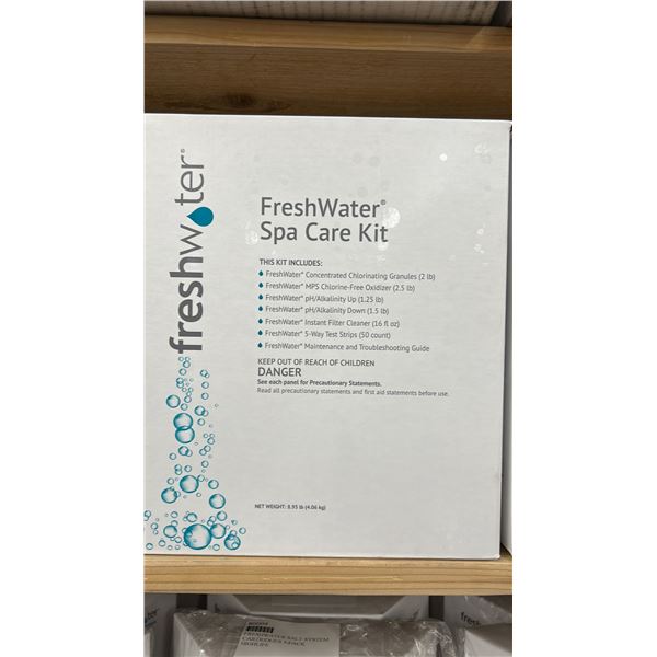 FRESHWATER SPA CARE KIT. INCLUDES CONCENTRATE CHLOINATING GRANULES, CHLORINE FREE OXIDIZER,
