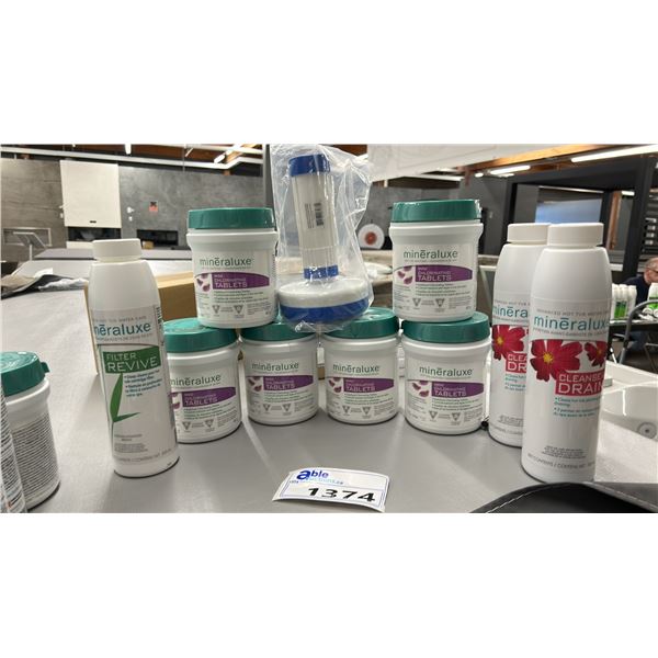 GROUP LOT. 6X MINI CHLORINATING TABLETS, 2X CLEANSE & DRAIN, 1X FILTER REVIVE ALL BY MINERALUXE.