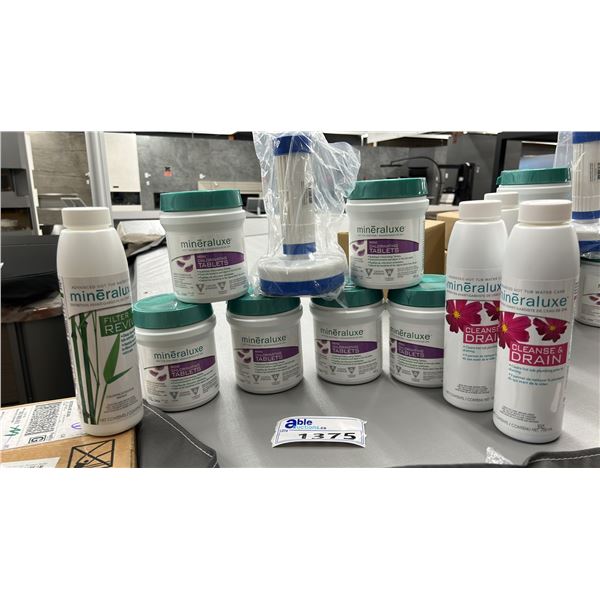 GROUP LOT. 6X MINI CHLORINATING TABLETS, 2X CLEANSE & DRAIN, 1X FILTER REVIVE ALL BY MINERALUXE.