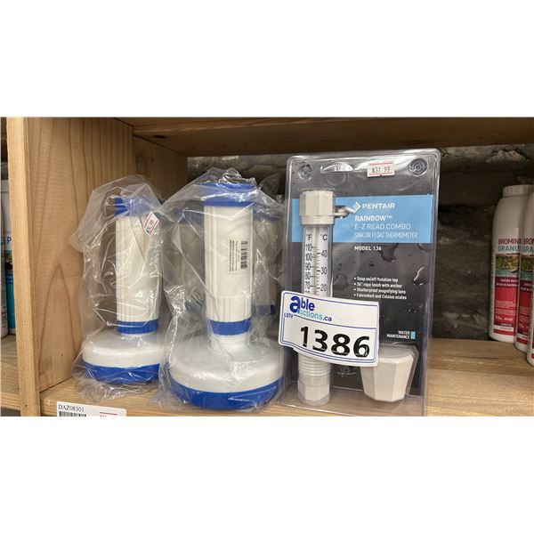 GROUP LOT. 6X CHLORINE / BROMINE DISPENSER. 2X E-Z READ COMBO SINK OR FLOAT THERMOMETER.