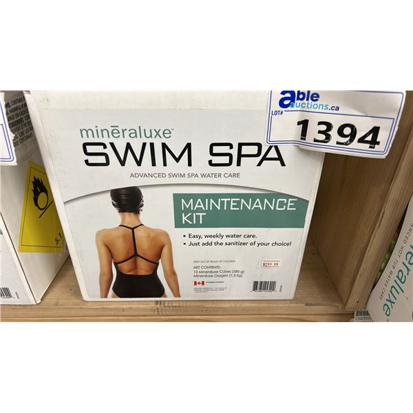 SWIM SPA, MAINTENANCE KIT, EASY WEEKLY WATER CARE. JUST ADD THE SANITIZER OF YOUR CHOICE.