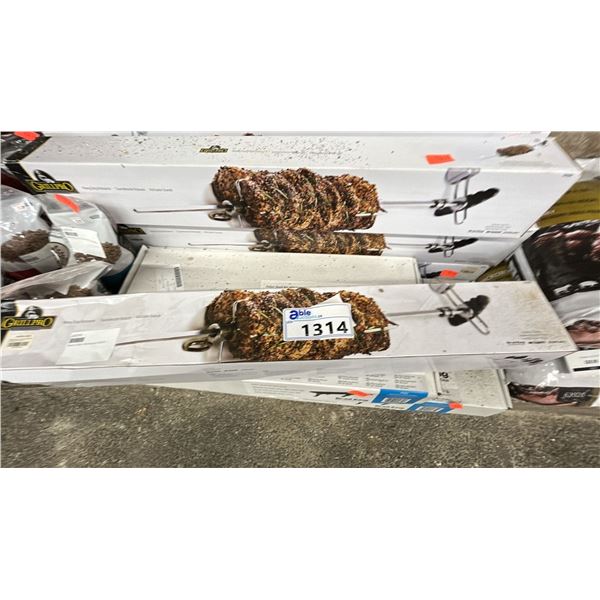 GROUP LOT BROIL KING ACCESSORIES AND SMALL BAGS OF PREMIUM PELLETS. INC ROTISSERIES, PELLET SHELF