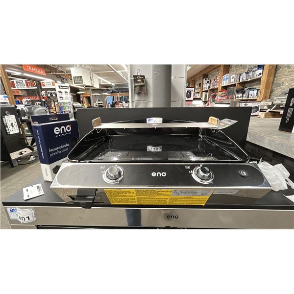 ENO 2 BURNER 24" PROPANE LA PLANCHA. MODEL 2400. RETAIL $1200. C/W COVER AND ELEVATED TRAY.