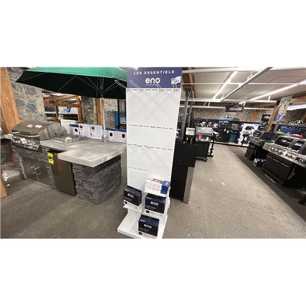 ENO STORE DISPLAY STAND WITH CONTENTS. BBQ COVERS, CLEANING KITS, STAINLESS GRILLS/GRIDS