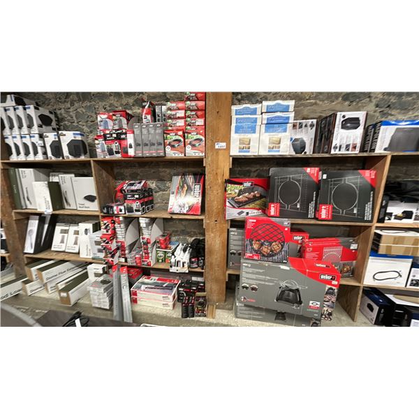 GROUP LOT OF WEBER BBQ ACCESSORIES. SEAR GRATES, CARTS, COOKING GRATES, FRAME KITS, COVERS, OUTDOOR