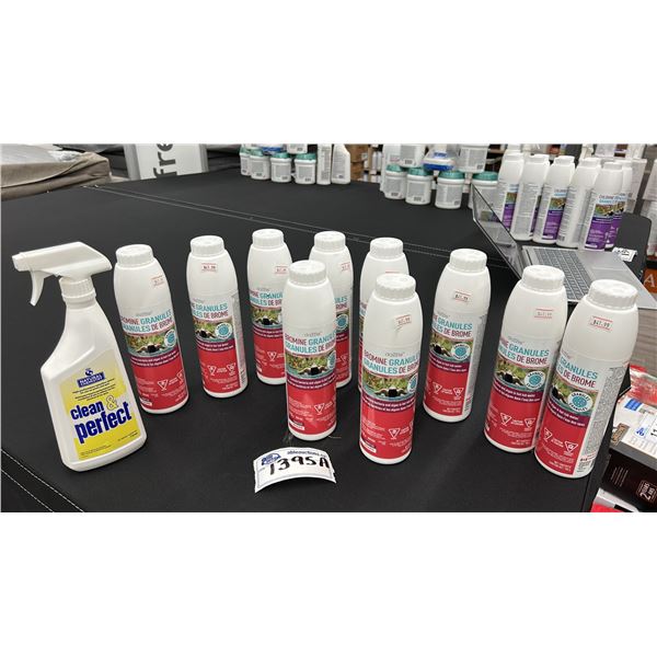 GROUP LOT. 10X BROMINE GRANULES, BY DAZZLE, 1X CLEAN AND PERFECT, WATERLINE CLEANER. RETAIL$440.