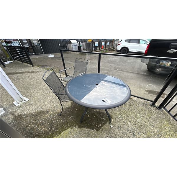 42" ROUND GLASS TOP TABLE WITH 2 METAL CHAIRS-OUTSIDE