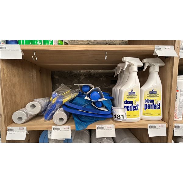 GROUP LOT. 5 X CLEAN AND PERFECT WATERLINE CLEANER, 6 X SPA LEAF SKIMMERS, 2 X AQUA COMBS FOR FILTER