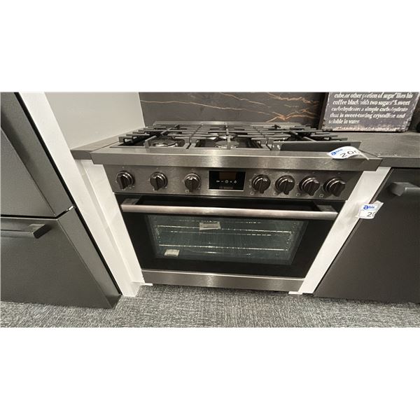 BOSCH 36" GAS SIX BURNER STOVE. INDUSTRIAL STYLE, BLACK BRUSHED STAINLESS, DUAL FUEL, RETAIL $9,500