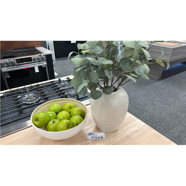 BOWL OF ARTIFICIAL APPLES AND VASE WITH GREENERY
