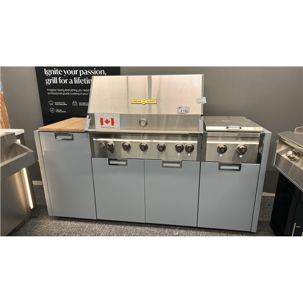 CROWN VERITY OUTDOOR BBQ KIT. 80" OVERALL WIDTH. INCLUDES 38" 5 BURNER GRILL. 18" SIDE BURNER