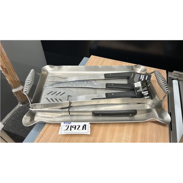 CROWN VERITY HEAVY STAINLESS STEEL SERVING TRAY AND BBQ UTENSILS.
