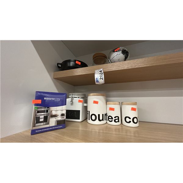 GROUP LOT DECOR ITEMS. CANISTERS, POT, APPLIANCE CARE KIT, GLOBE, ETC