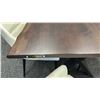 Image 1 : ACACIA WALNUT TABLE LIVE EDGE 67" X 36"W WITH 6 LEATHER CHAIRS RETAIL $4900