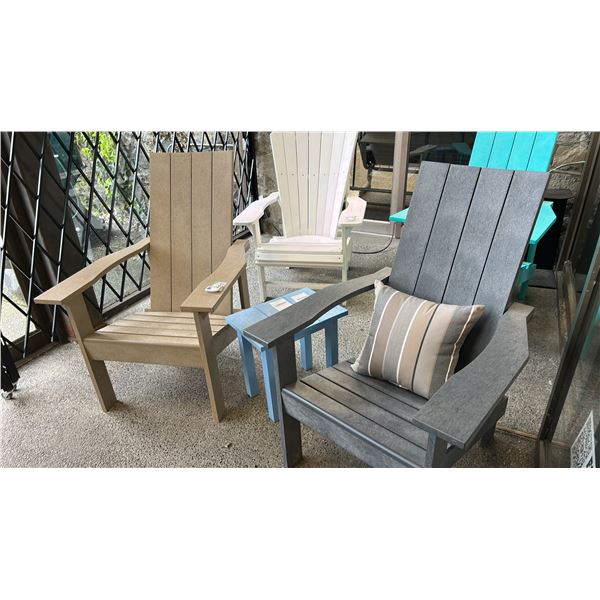 2 CR PLASTIC ADIRONDAK STYLE CHAIRS- SLATE, BEIGE WITH BLUE SIDE TABLE