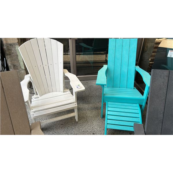 2 ADIRONDAK STYLE CHAIRS WHITE, TURQOISE WITH ONE FOOT STOOL