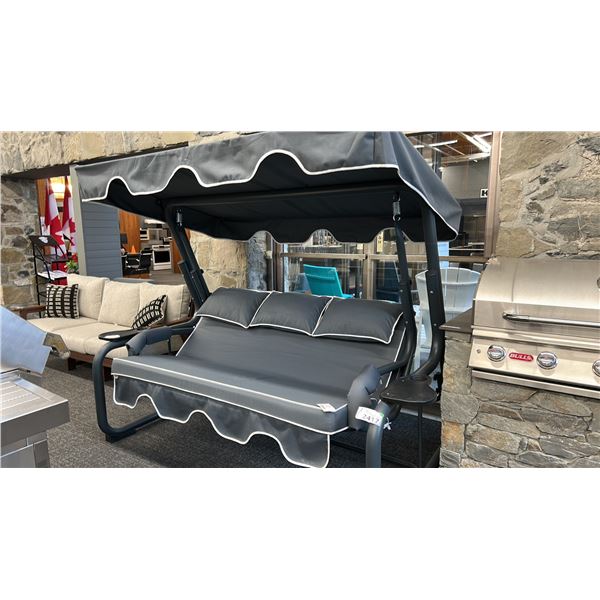 FIG AND CHERRY MODEL 142241 PATIO SWING LOUNGE WITH AWNING. 92" W OVERALL