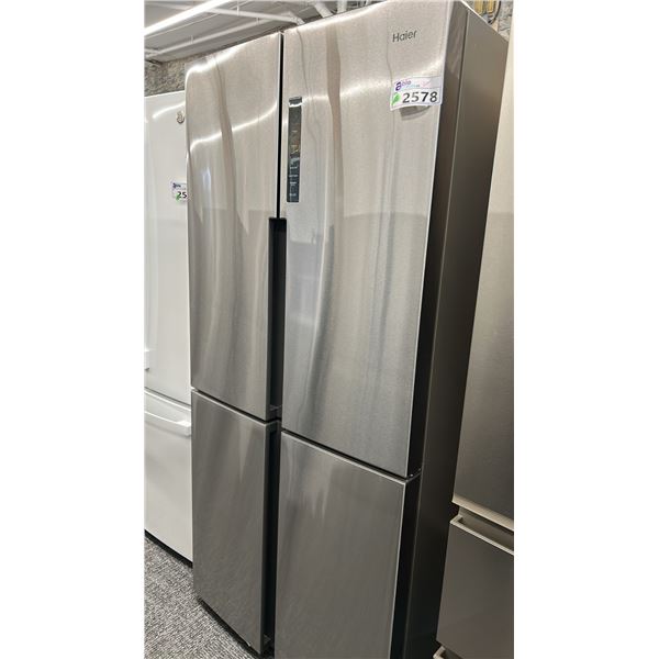 HAIER 33"W X 71"H. 4 DOOR FRENCH DOOR.  16 CU FT QUAD DOOR BOTTOM MOUNT REFRIGERATOR. MODEL QHE16HY