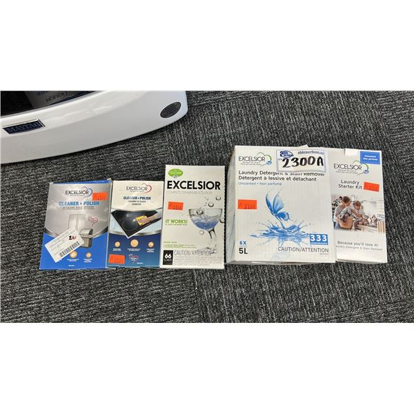 GROUP LOT OF EXCELSIOR PRODUCTS. 5 L LAUNDRY DETERGENT FOR 333 LOADS, LAUNDRY STARTER KIT,