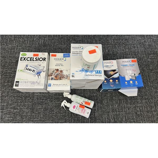 GROUP LOT OF EXCELSIOR PRODUCTS. 5 L LAUNDRY DETERGENT FOR 333 LOADS, LAUNDRY STARTER KIT,