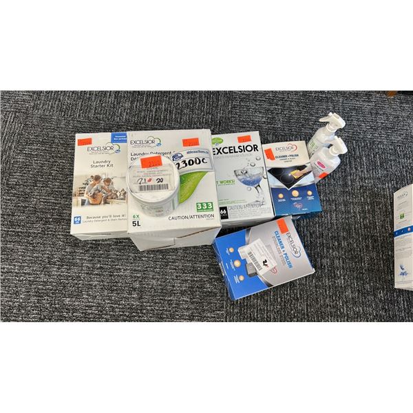 GROUP LOT OF EXCELSIOR PRODUCTS. 5 L LAUNDRY DETERGENT FOR 333 LOADS, LAUNDRY STARTER KIT,
