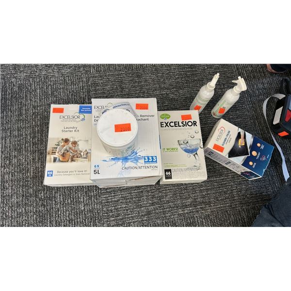 GROUP LOT OF EXCELSIOR PRODUCTS. 5 L LAUNDRY DETERGENT FOR 333 LOADS, LAUNDRY STARTER KIT,