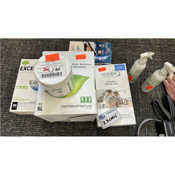 GROUP LOT OF EXCELSIOR PRODUCTS. 5 L LAUNDRY DETERGENT FOR 333 LOADS, LAUNDRY STARTER KIT,