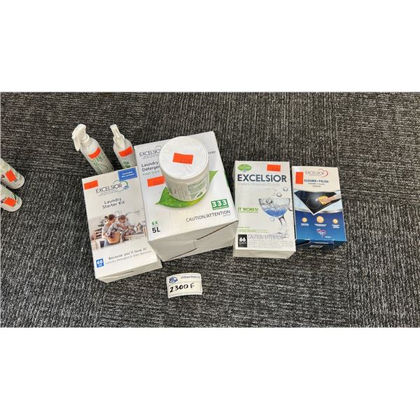 GROUP LOT OF EXCELSIOR PRODUCTS. 5 L LAUNDRY DETERGENT FOR 333 LOADS, LAUNDRY STARTER KIT,