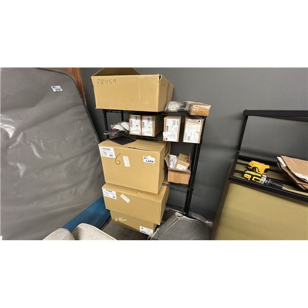 ROLLING METRO RACK WITH HOT TUB FILTERS AND 4 SIEMENS 30 AMP BREAKER BOXES ETC