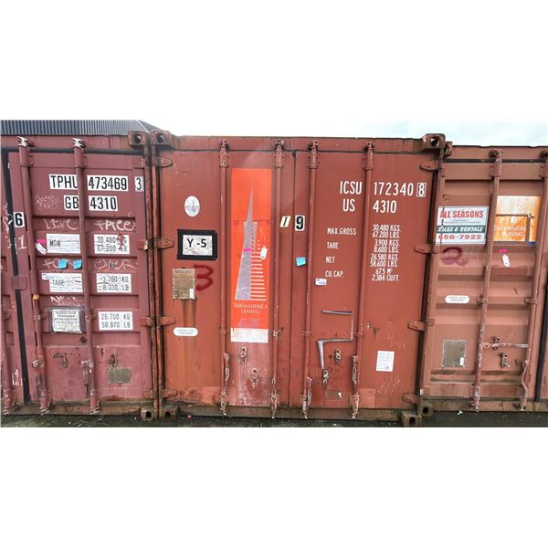 40' STORAGE CONTAINER-RED COLOR. METAL SIDE DOORS. WATER LEAKS AROUND BOTTOM OF DOORS. LED