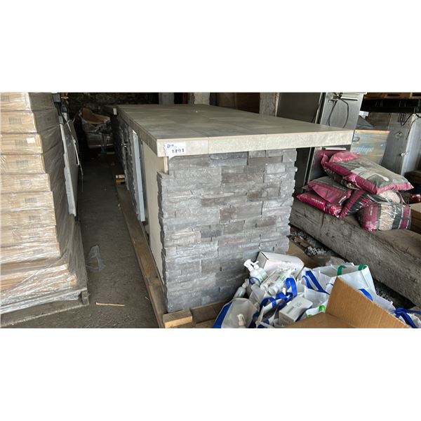 9'6" X 8'6" L SHAPE OUTDOOR BBQ BUILT IN BASES AND COUNTERS. STONE FINISH . INC GARBAGE BIN,